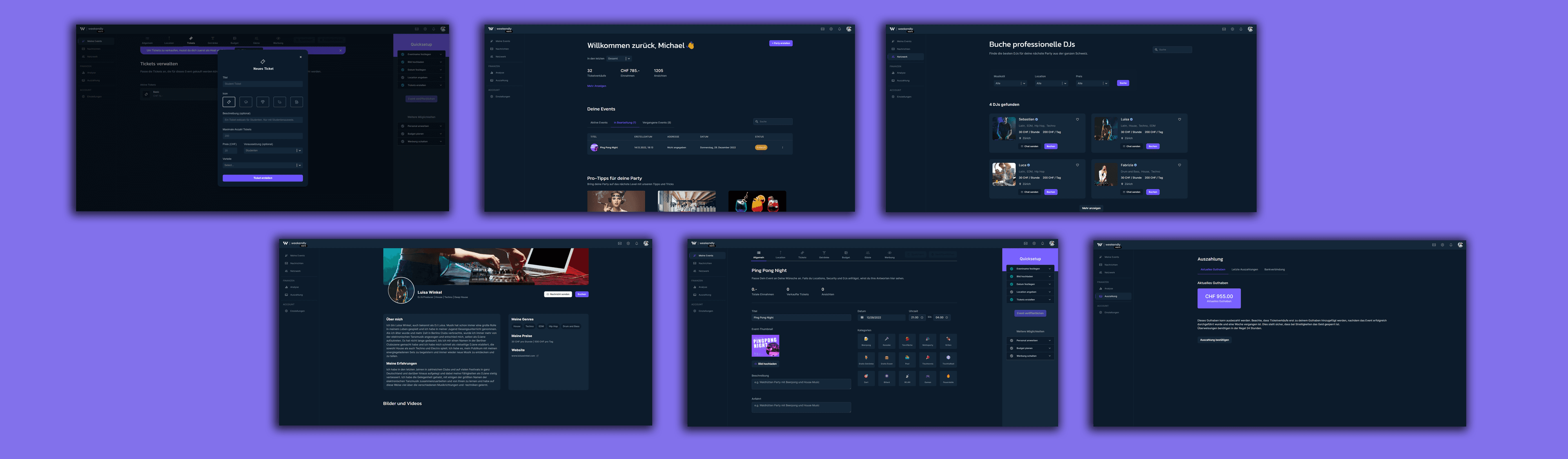 Screenshots der Event-Software von Weekendly