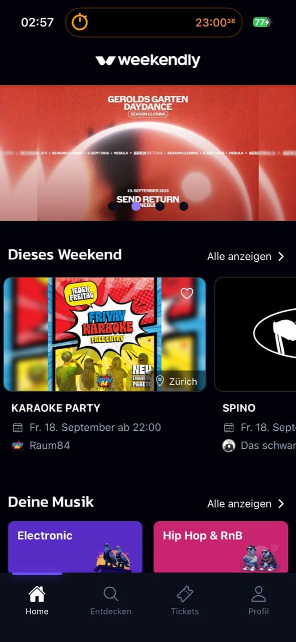 Weekendly App im iPhone: aktuelle Events und Musikrichtungen